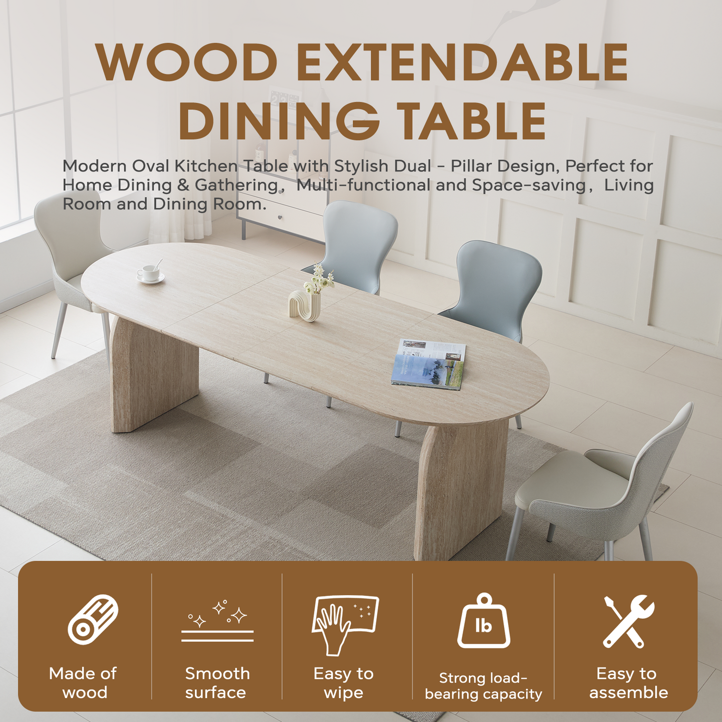 Maison Verve Sancerre Grand Dining Table, 90" -0 Seats 8, Modern Pedestal