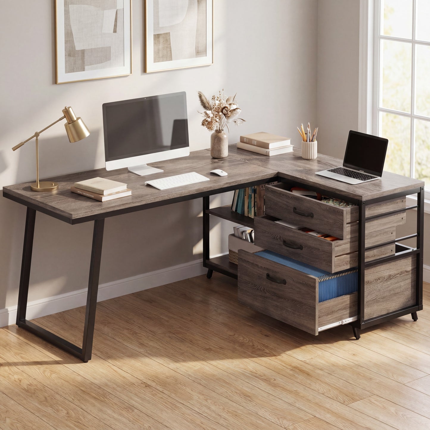 Maison Verve Ashton 53" L-Shaped Executive Desk with Storage Drawers