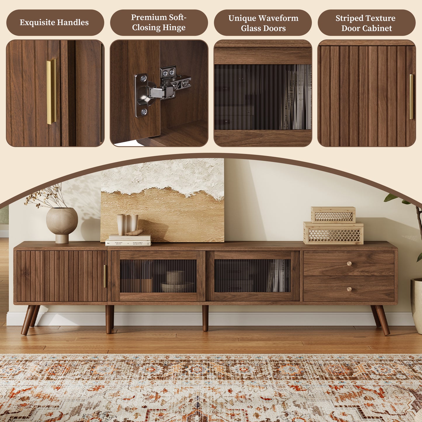Maison Verve Verdon Media Console, 77" - Solid Wood & Tempered Glass