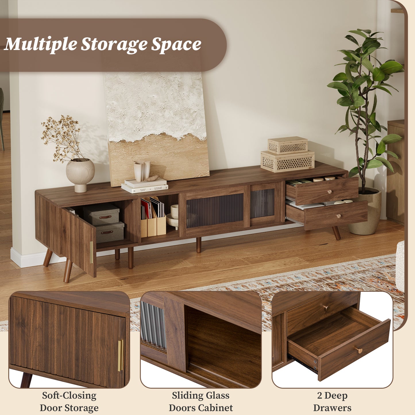 Maison Verve Verdon Media Console, 77" - Solid Wood & Tempered Glass