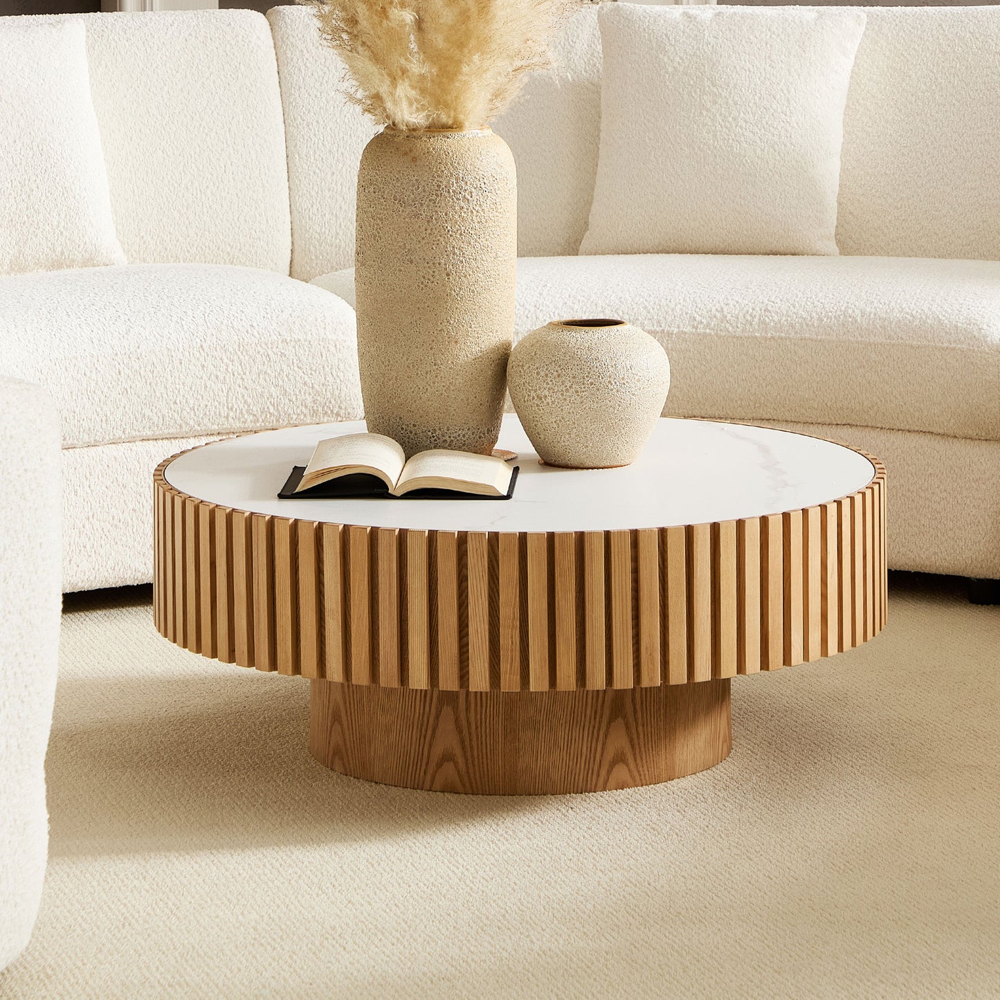 Maison Verve Amboise Round Coffee Table, 35" - Sculptural Pedestal Base